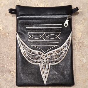 Black Leather Crossbody Bag with Embroidered Design